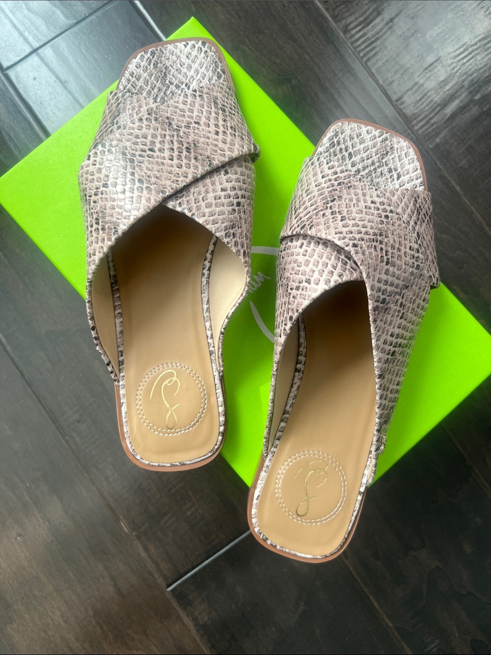 Sam Edelman Slip-On Leather Upper Snake-Print Mules in Taupe. Never Worn.